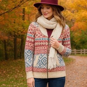 CAbi Highland Sweater Cardigan - Red, Blue, Cream